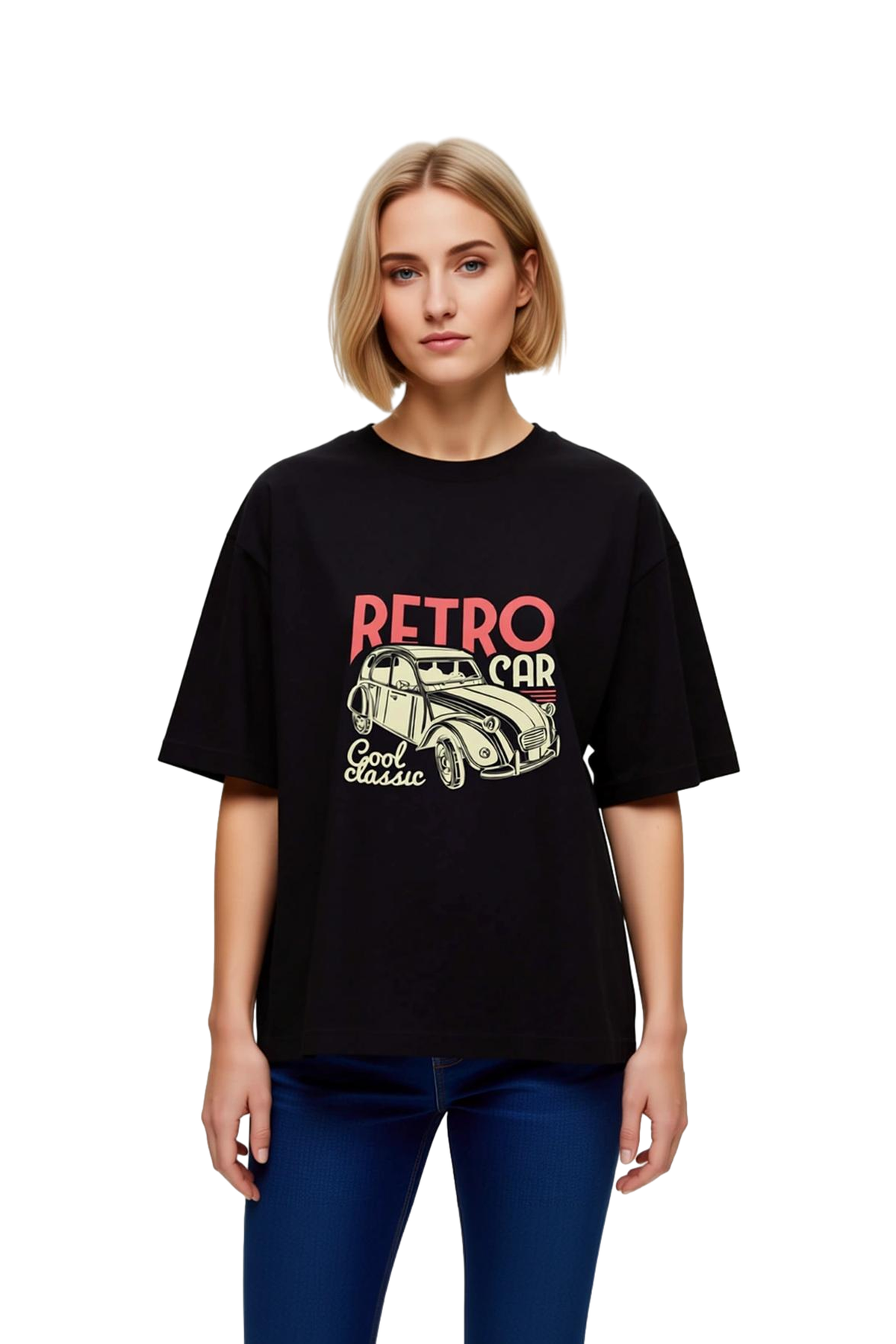 Kadın Oversize Tişört Retro Otomobil Baskılı Vintage Araba Grafik Desenli Rahat Kesim Günlük Modern