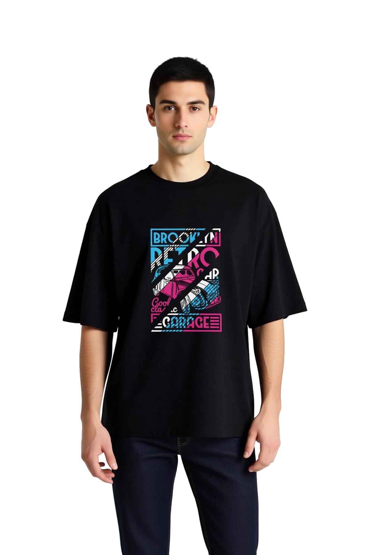 Erkek Oversize Tişört Brooklyn Retro Otomobil Garaj Baskılı Renkli Grafik Desenli Rahat Kesim Günlük