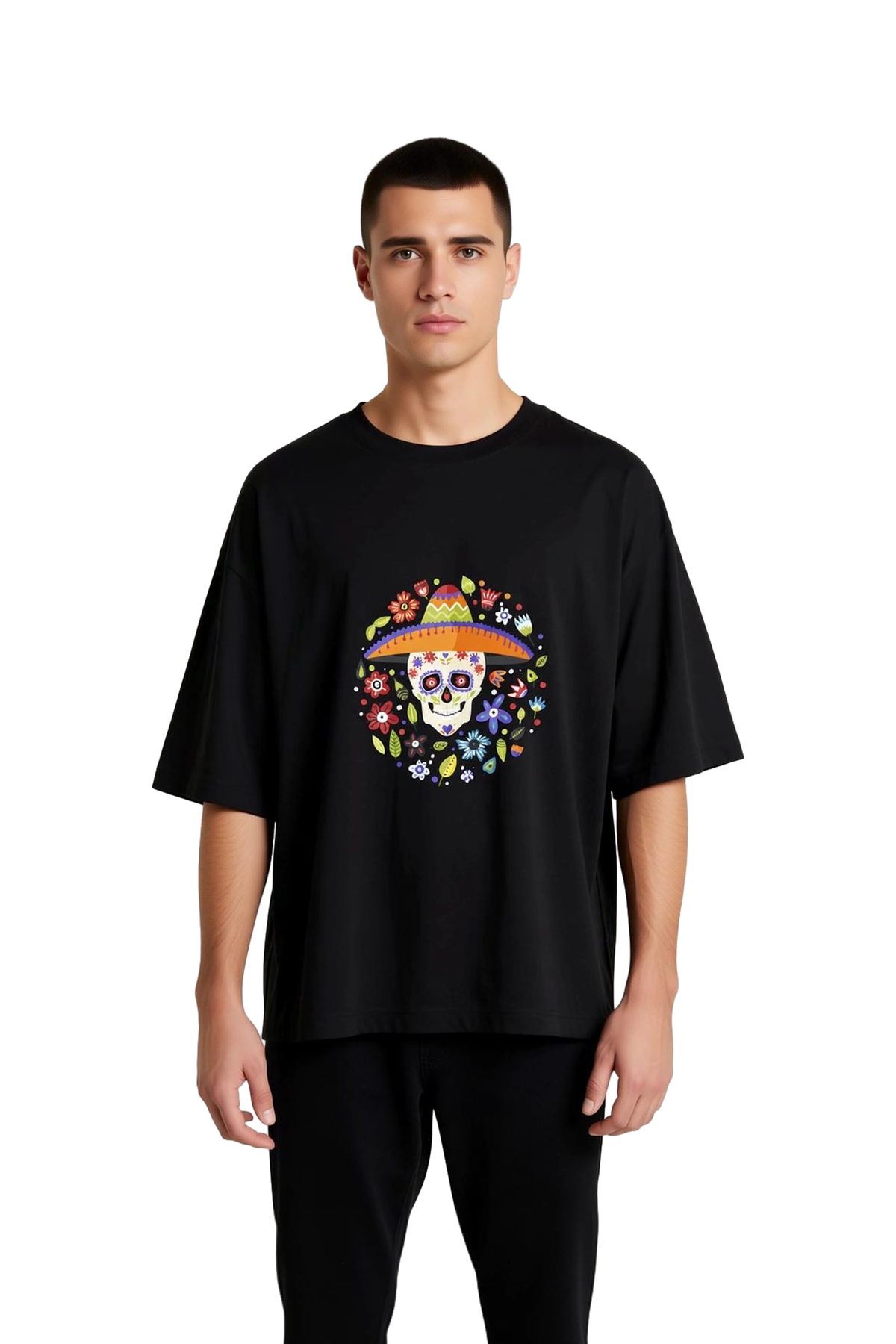Erkek Oversize Tişört Ölülerin Günü Temalı Sombrero Kafatası Çiçek Baskılı Rahat Kesim Günlük Modern