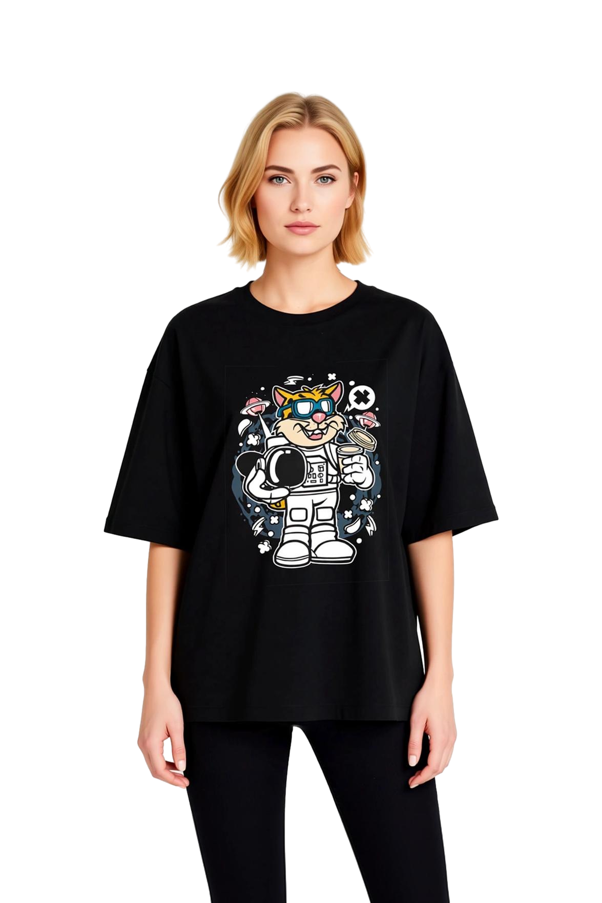 Kadın Oversize Astronot Kedi Grafik Baskılı Kısa Kollu Tişört Uzay Temalı Rahat Kesim Günlük Modern