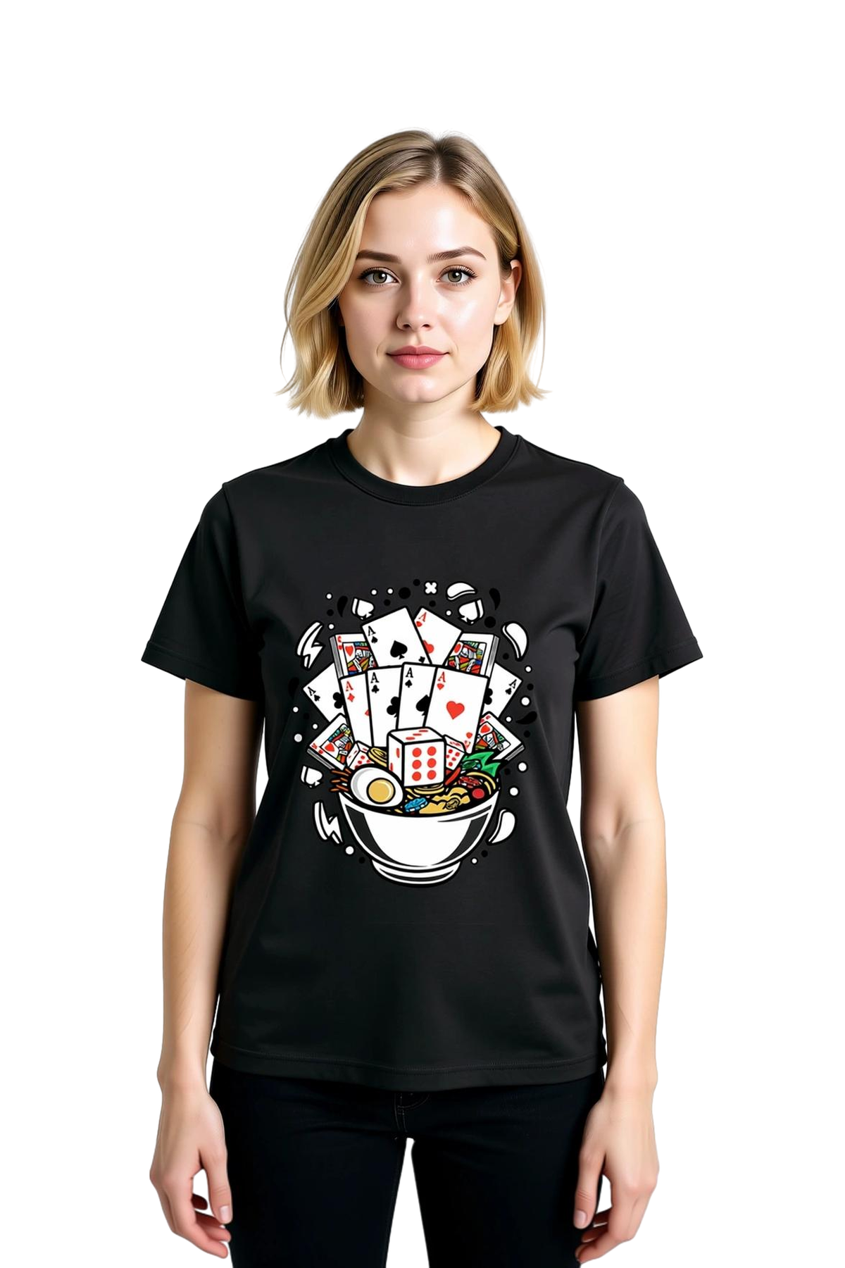 Kadın Oyun Temalı Line Art Baskılı Kısa Kollu Tişört Kağıt Kart Zarı Poker Çipi Deseni Günlük Rahat