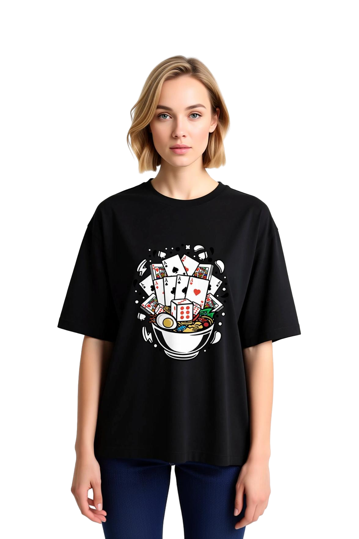 Kadın Oversize Tişört Kağıt Oyunları Zarı Poker Çipi Line Art Baskı Rahat Kesim Günlük Modern Şık