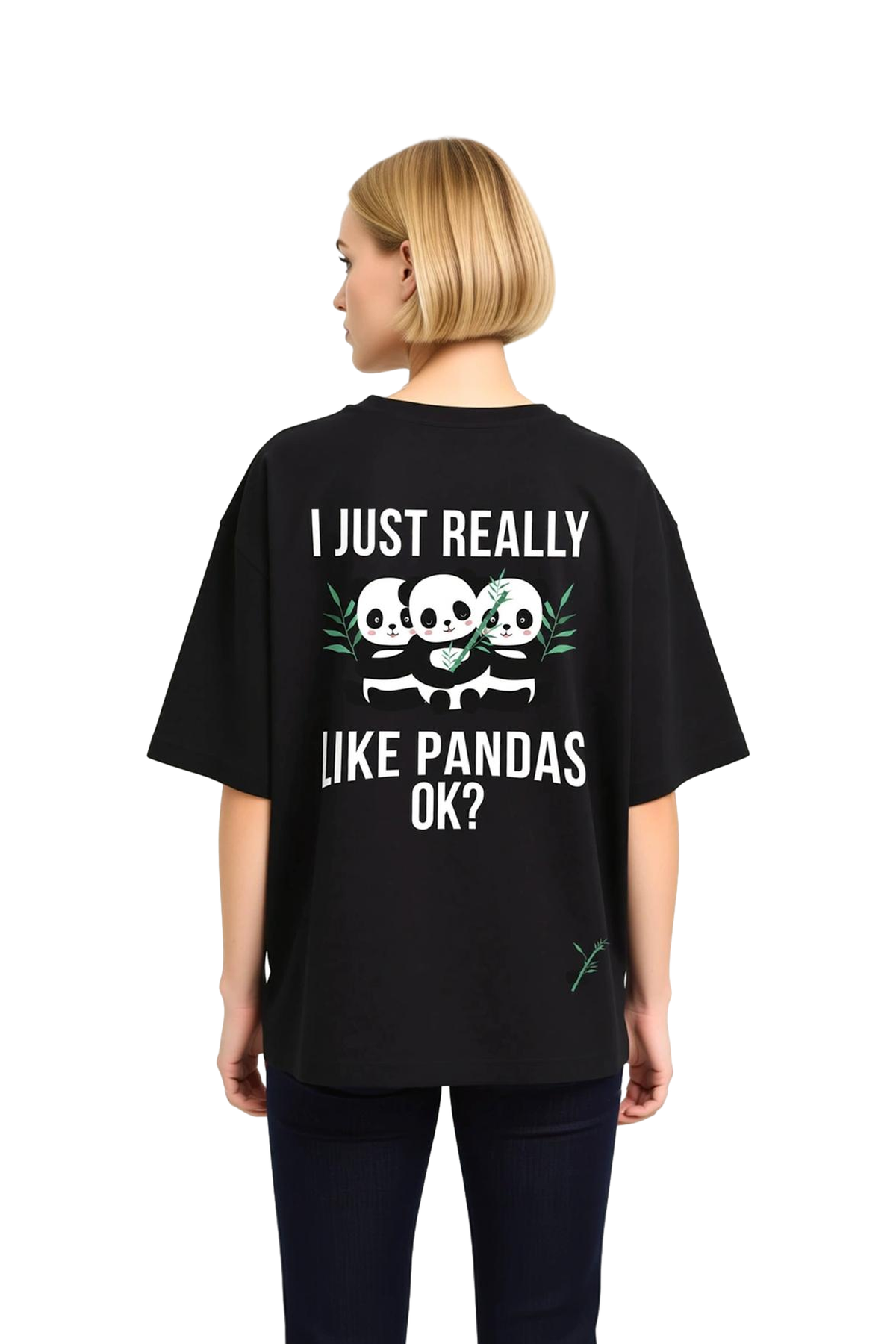 Kadın Oversize Baskılı Tişört Panda Desenli Grafik Yazı Detaylı Rahat Kesim Günlük Giyim Modern