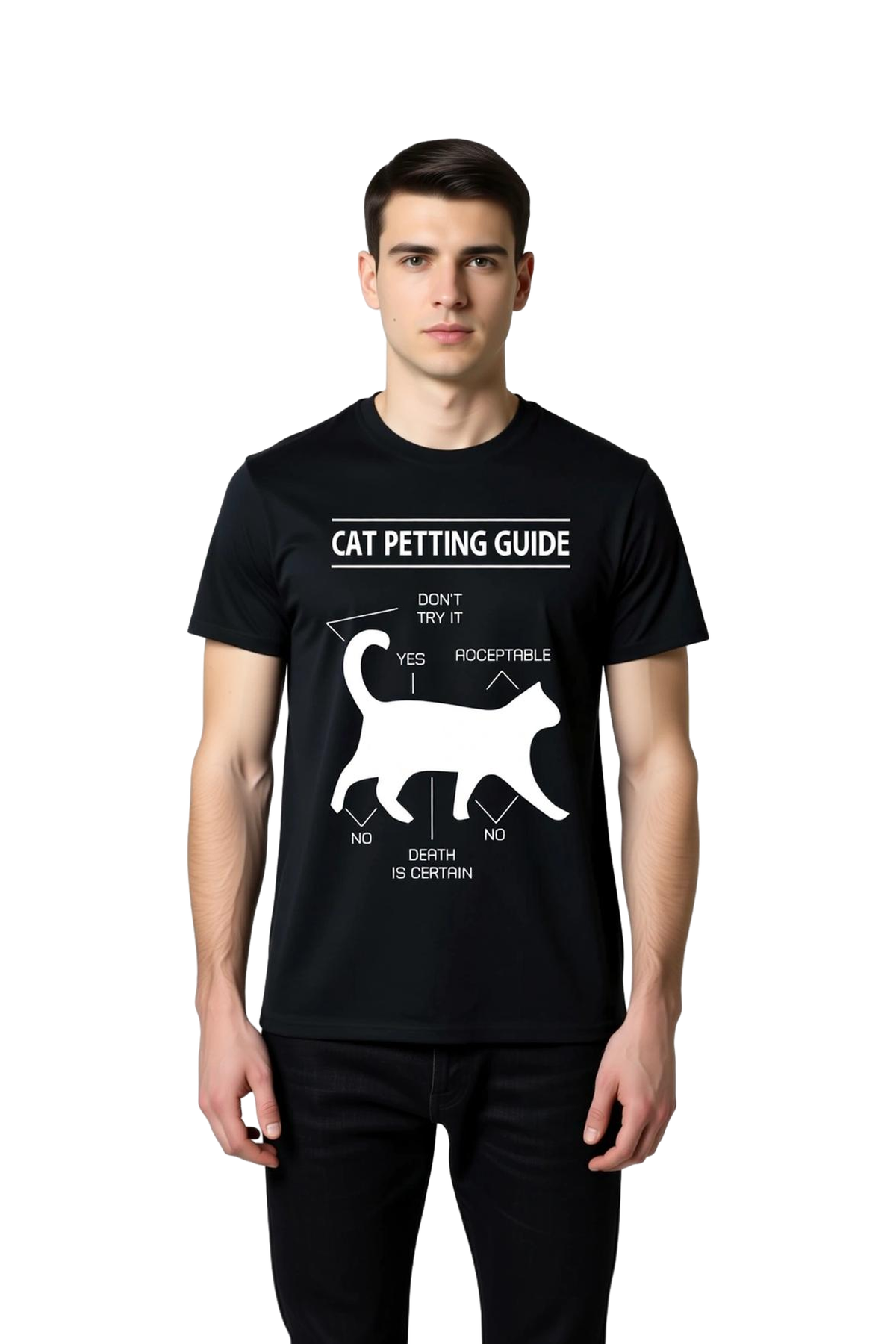Erkek Kedi Okşama Rehberi Grafik Baskılı Kısa Kollu Günlük Tişört Komik Tasarım Rahat Modern Şık