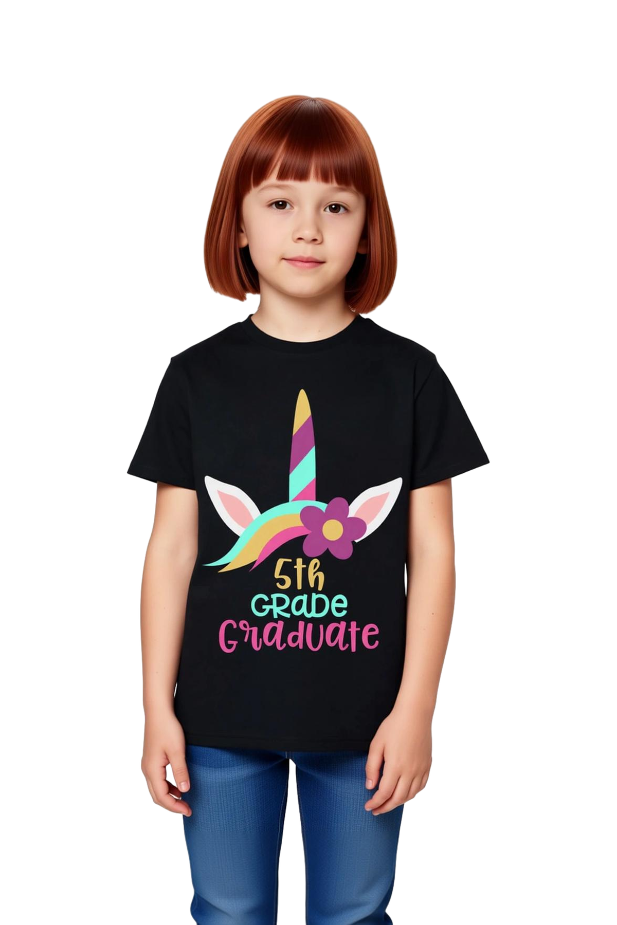 Çocuk Unicorn Baskılı Mezuniyet Tişört 5. Sınıf Kutlaması Rahat Kesim Kısa Kol Günlük Modern Şık