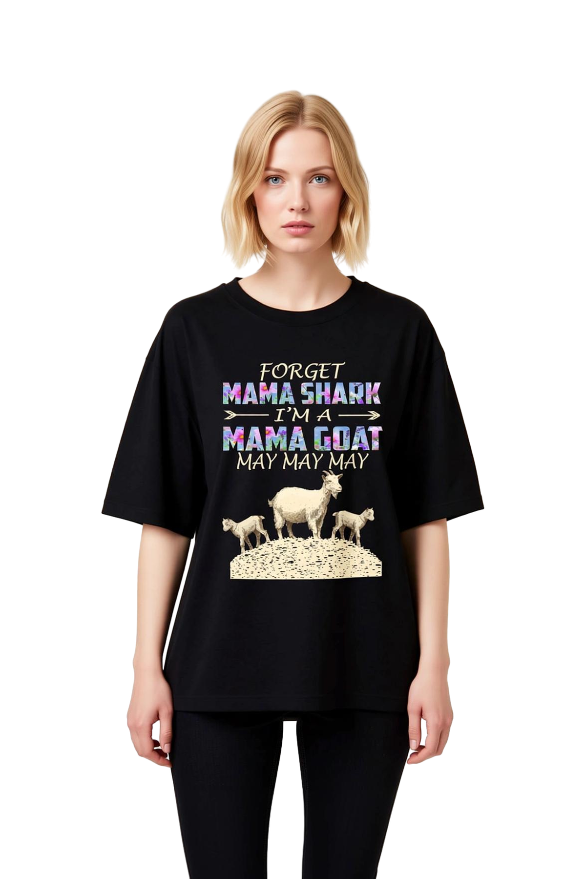 Kadın Oversize Tişört Mama Keçi Temalı Mizahi Baskı Kısa Kol Yuvarlak Yaka Rahat Kesim Günlük Modern