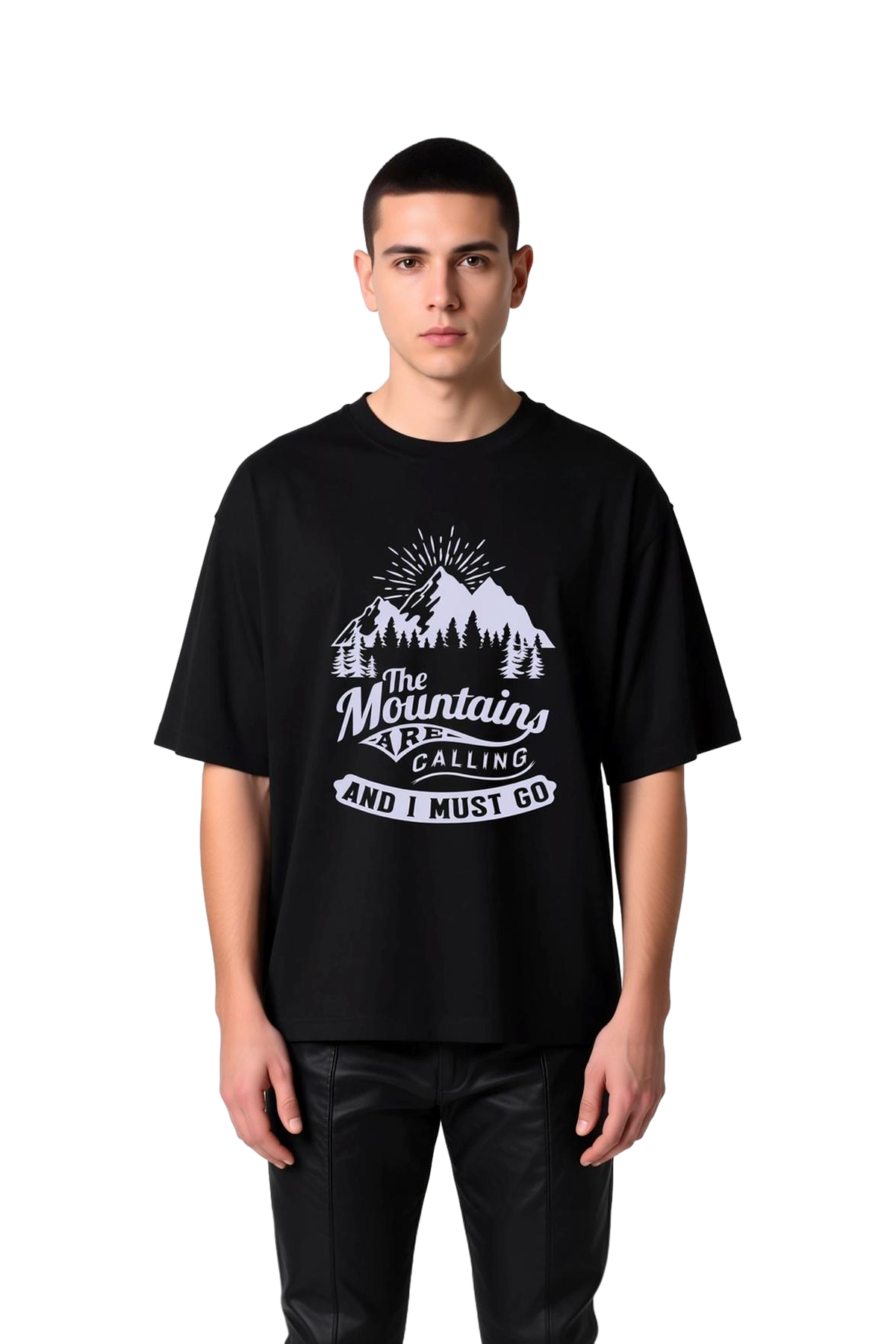Erkek Oversize Tişört Dağ Grafik Baskılı Outdoor Macera Teması Rahat Kesim Günlük Giyim Modern Şık