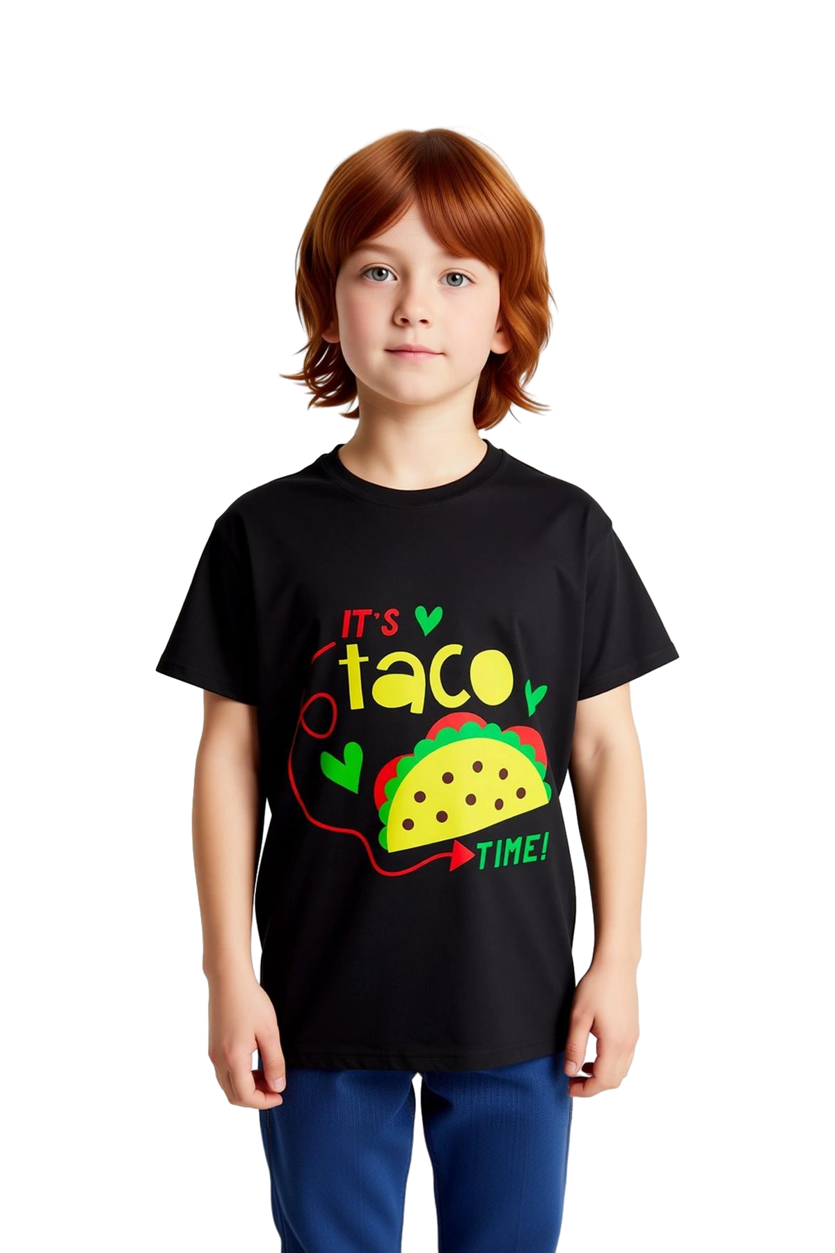Çocuk Tişört Taco Zamanı Baskılı Renkli Grafik Desenli Kısa Kollu Rahat Kesim Günlük Modern Şık