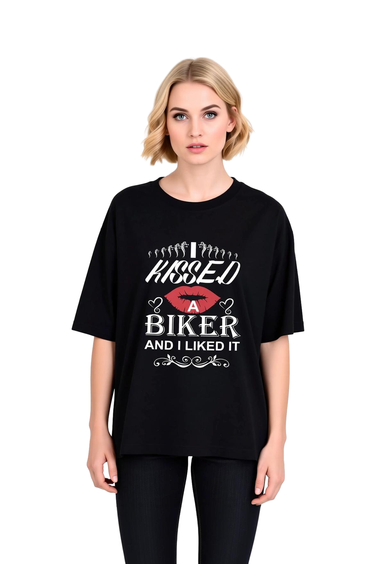 Bisikletçiye Öpücük Attığım Hoşuma Gitti Baskılı Kadın Oversize Tişört