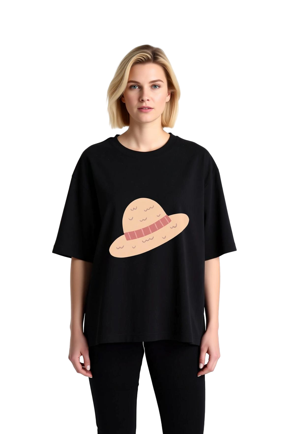 Kırmızı Şeritli Hasır Şapka Baskılı Kadın Oversize Tişört