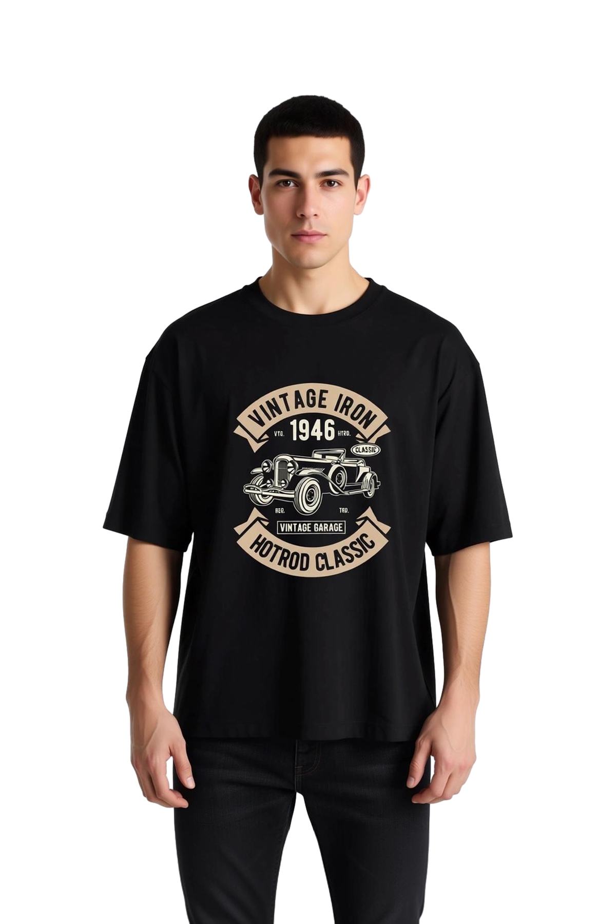 Erkek Oversize Tişört %100 Pamuk Vintage Otomotiv Baskılı Crew Neck Kısa Kol Rahat Kesim Günlük
