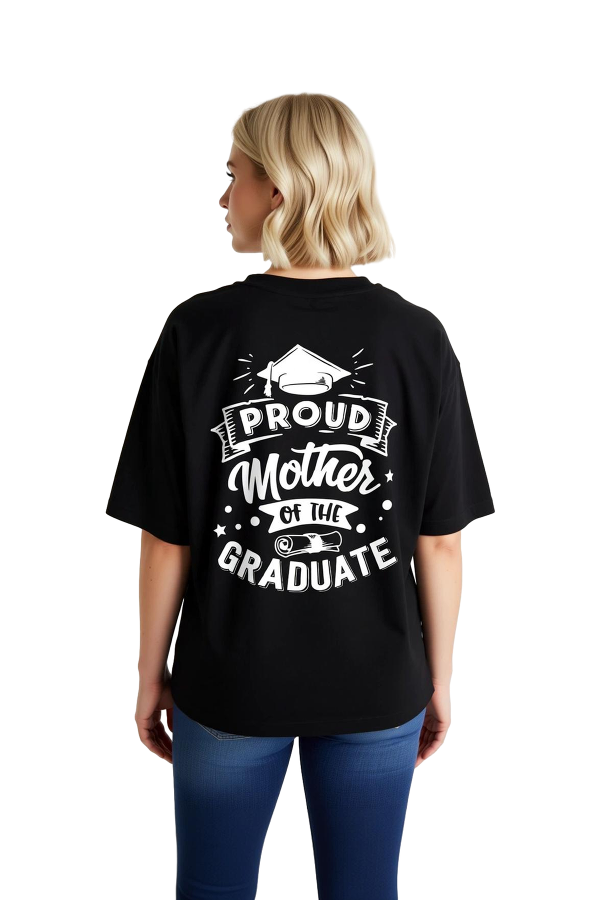 Kadın Oversize Mezuniyet Kutlama Baskılı Kısa Kollu Tişört Proud Mother Desen Günlük Rahat Modern