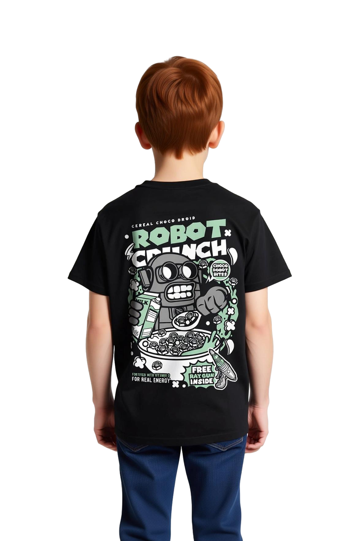 Çocuk Retro Robot Çikolata Tahıl Baskılı Tişört %100 Pamuk Nostaljik Tasarım Konforlu Günlük Rahat