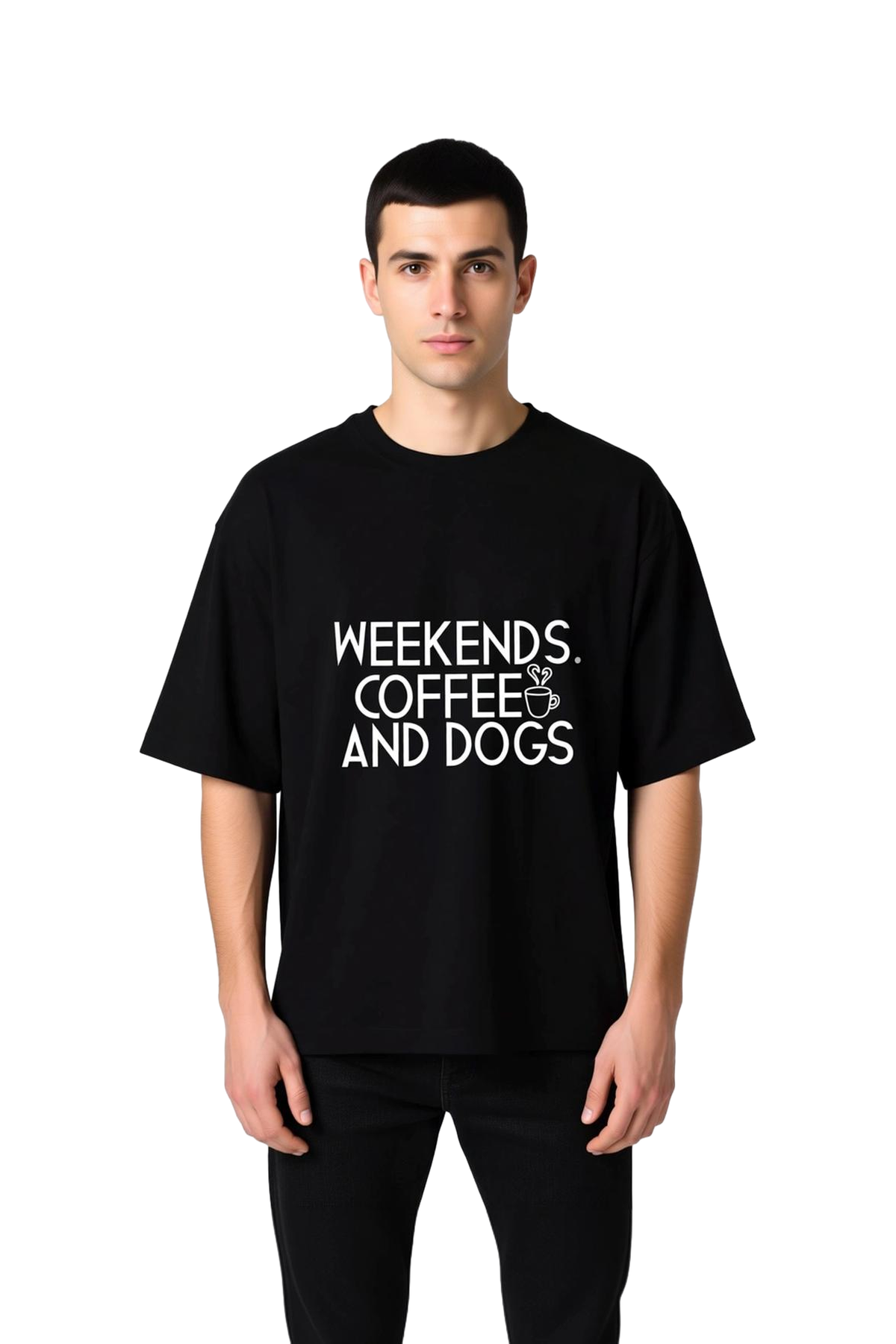 Erkek Oversize Grafik Baskılı Tişört Kahve Köpek Teması Rahat Kesim Kısa Kol Crew Yaka Günlük Modern