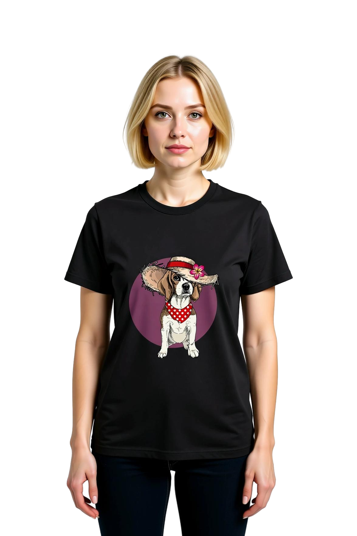 Kadın Grafik Baskılı Köpek Portresi Yuvarlak Yaka Kısa Kollu Rahat Kesim Günlük Tişört Modern Şık