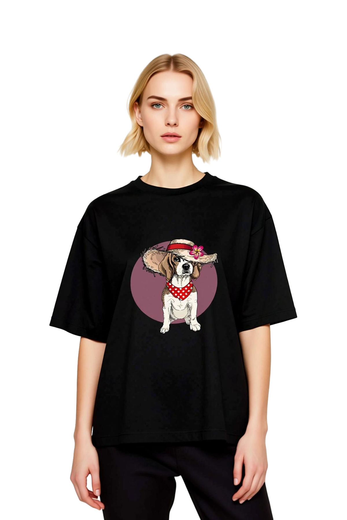 Şapkalı Beagle: Kırmızı Kurdeleli Baskılı Kadın Oversize Tişört