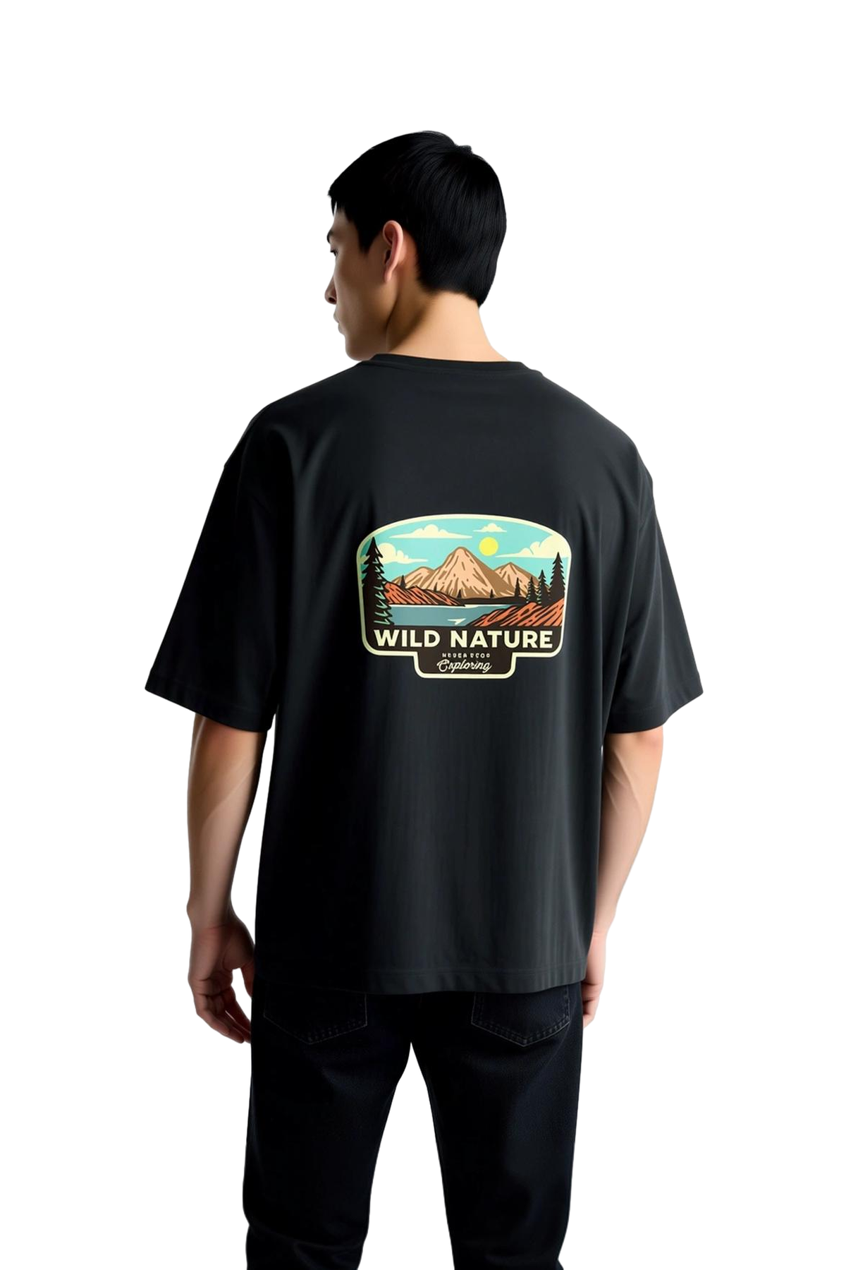 Erkek Oversize Tişört Dağ Manzara Baskılı Outdoor Keşif Teması Retro Stil Rahat Kesim Günlük Modern