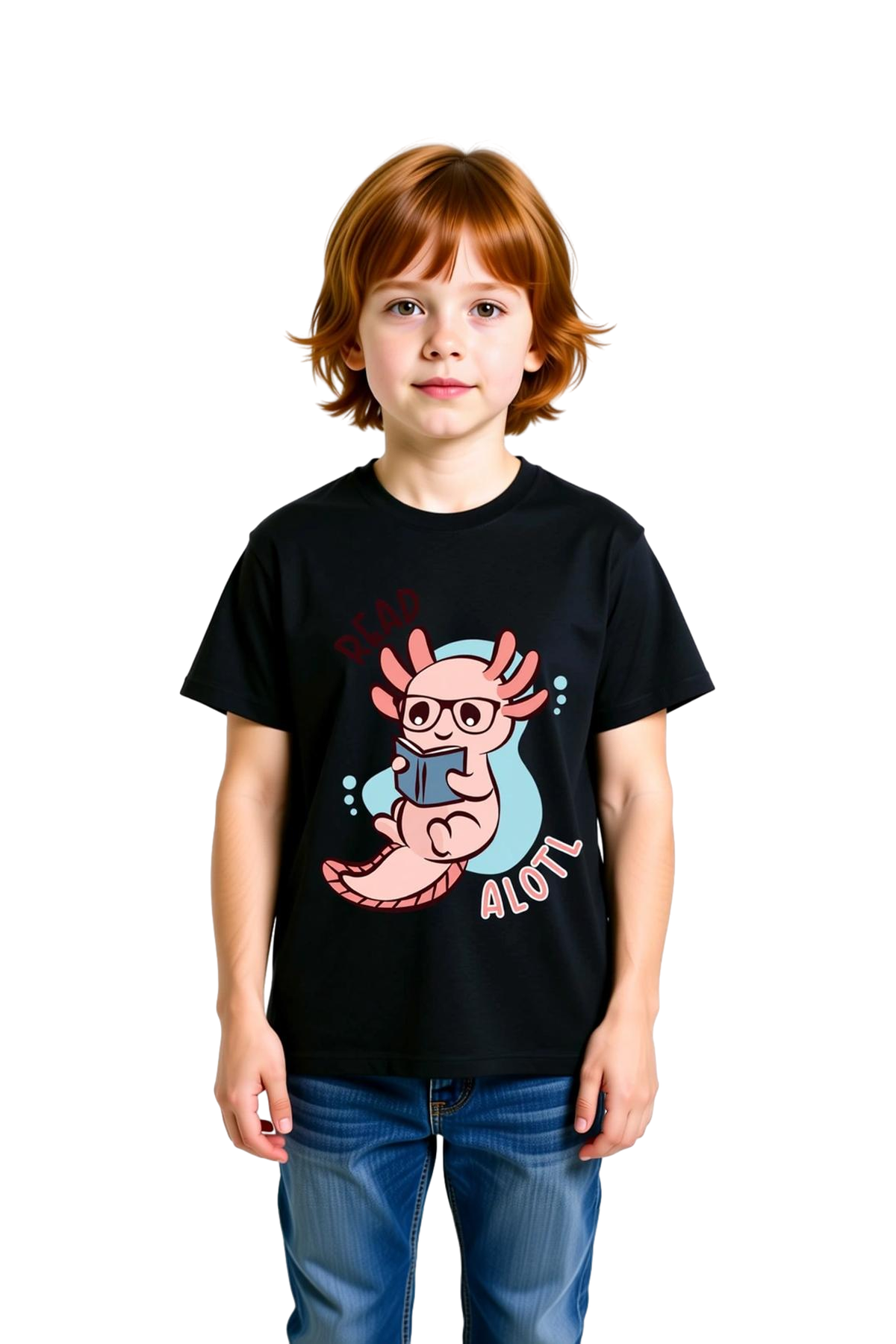 Çocuk Baskılı Tişört Gözlüklü Axolotl Kitap Sevgili Tasarım Kısa Kollu Rahat Günlük Kesim Modern