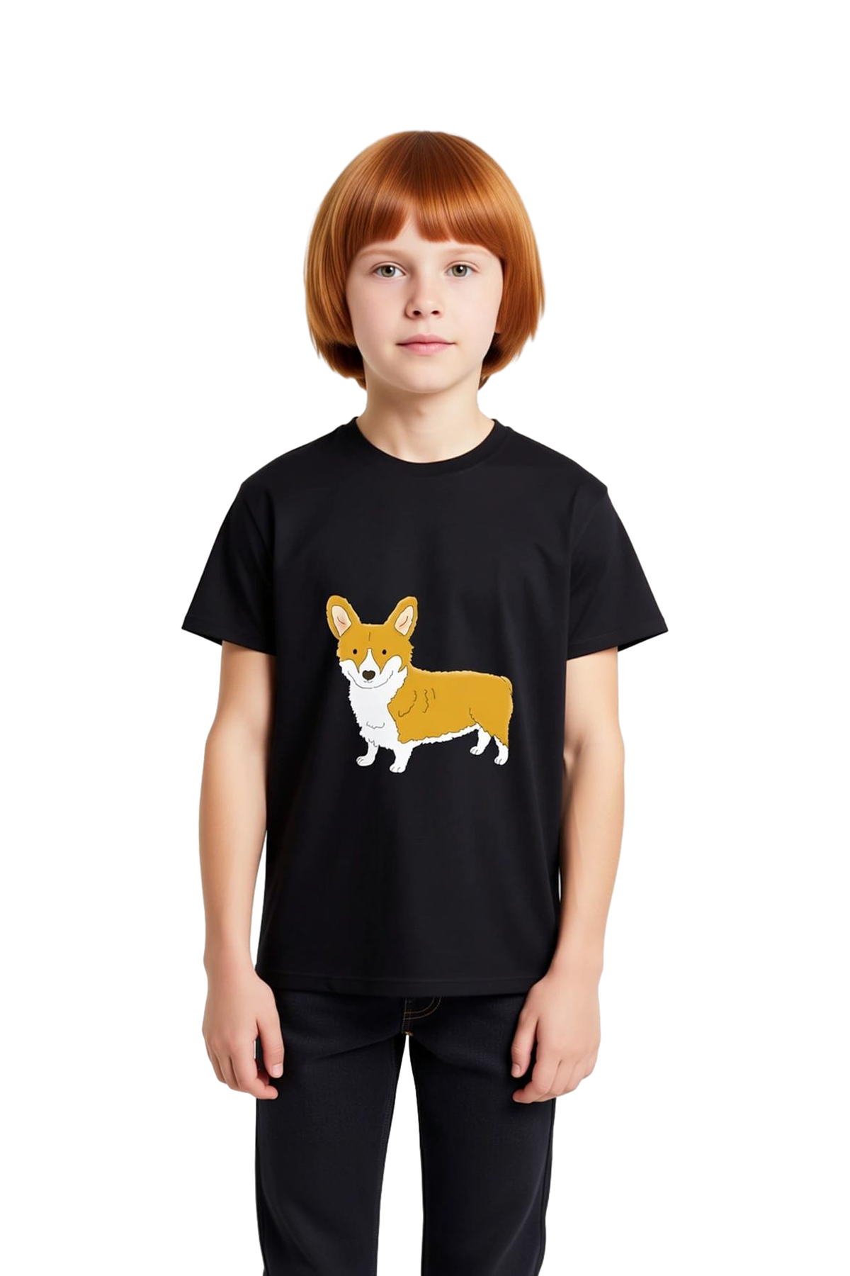 Çocuk Tişört Corgi Baskılı Kısa Kollu Yuvarlak Yaka Rahat Kesim %100 Pamuk Dijital Baskı Günlük
