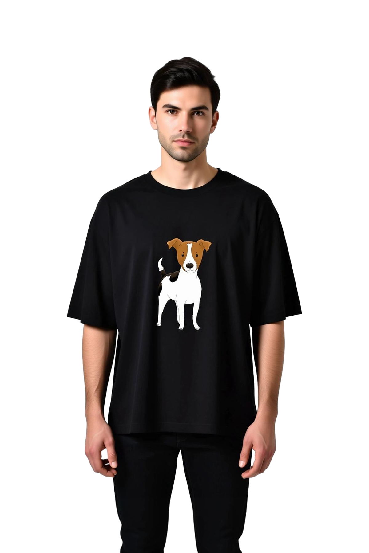 Sevimli Köpek Karikatürü Kahverengi Kulak ve  Baskılı Erkek Oversize Tişört