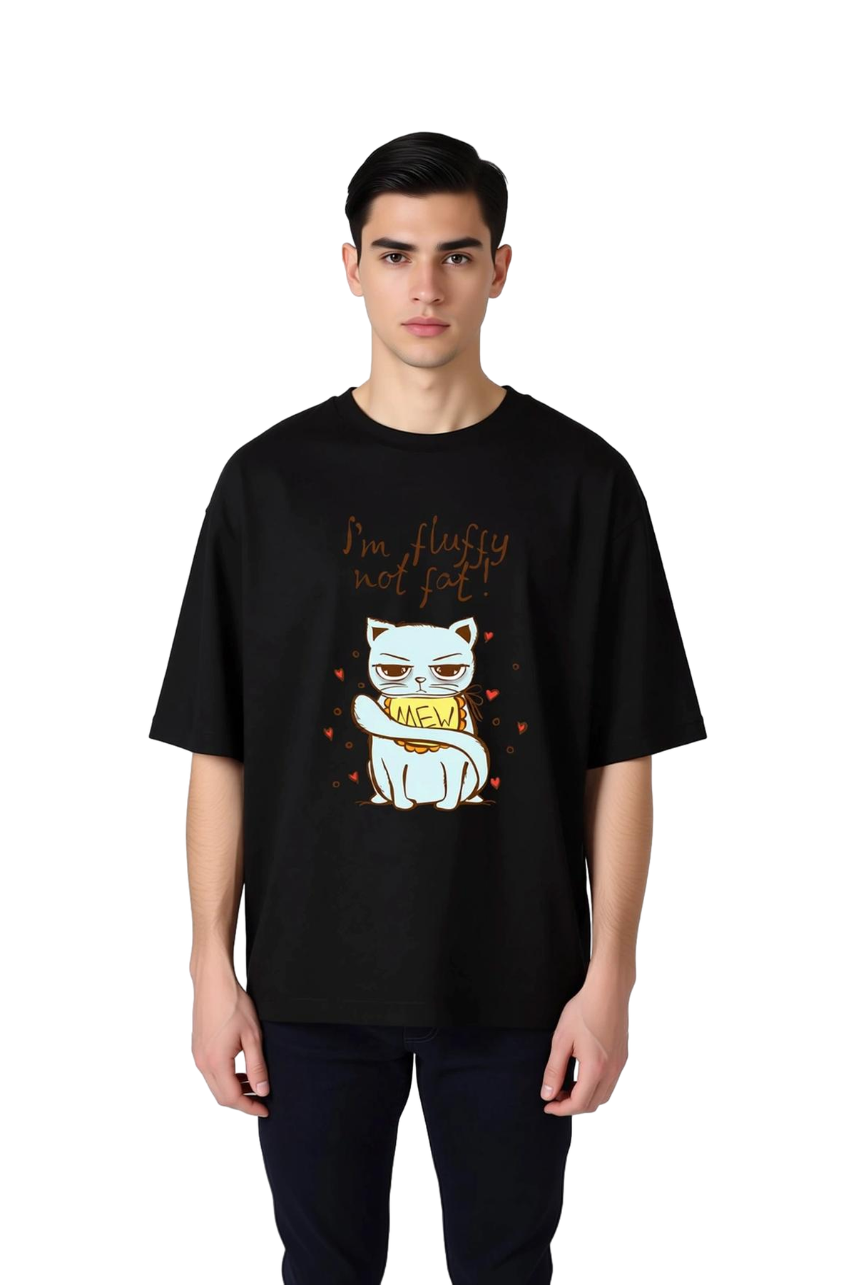 Erkek Oversize Tişört %100 Pamuk Kedi Baskılı Grafik Mizah Tasarımı Rahat Kesim Günlük Modern Şık