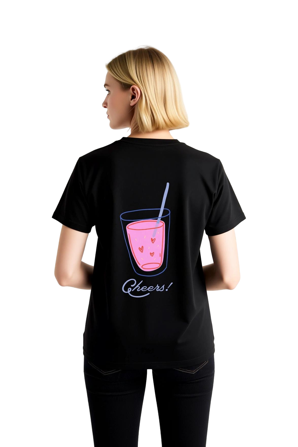 Kadın Grafik Baskılı Kısa Kollu Tişört Neon İçecek Deseni Şerefe Yazısı Partiler İçin Rahat Kesim