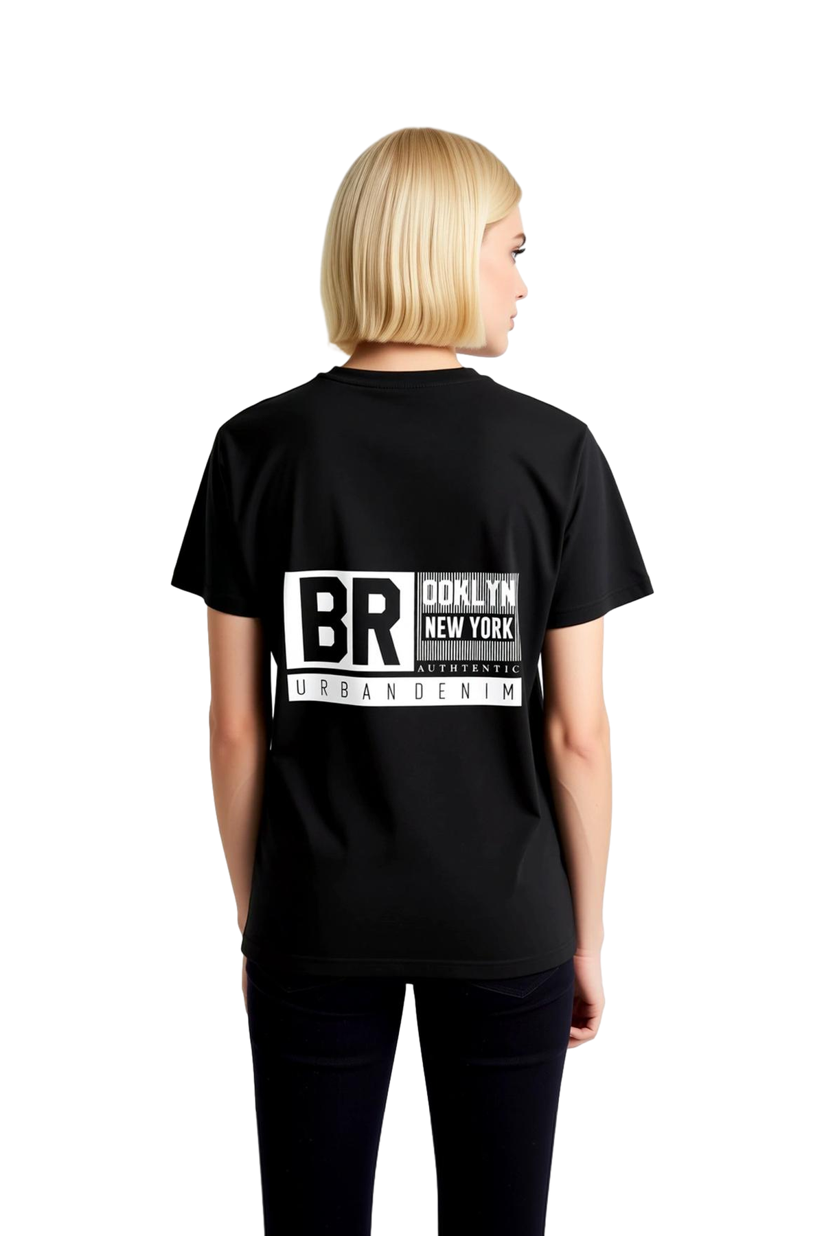 Kadın Grafik Baskılı Kısa Kollu Tişört Brooklyn New York Otantik Şehir Denim Desenli Rahat Kesim