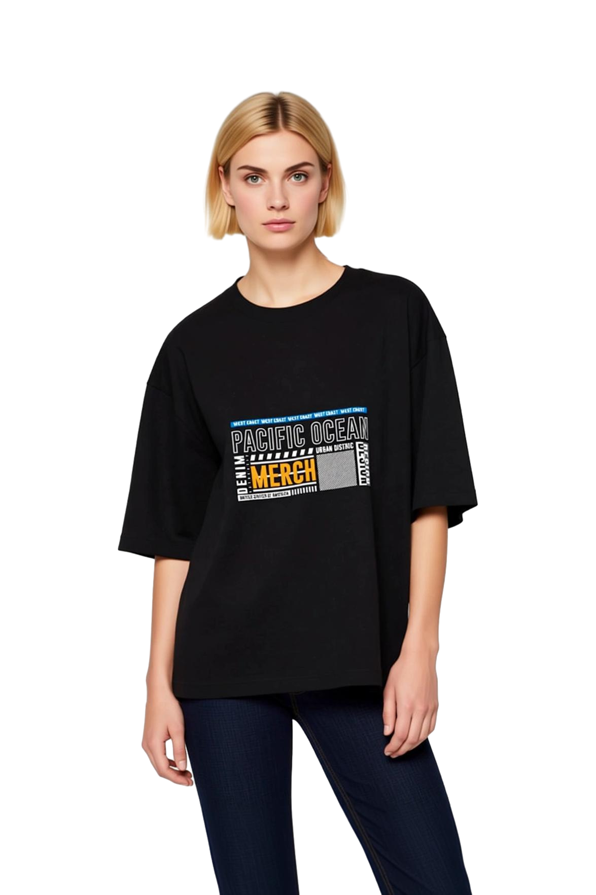 Kadın Oversize Tişört Pasifik Okyanusu Baskılı Urban Stil Desen Rahat Kesim Günlük Giyim Modern