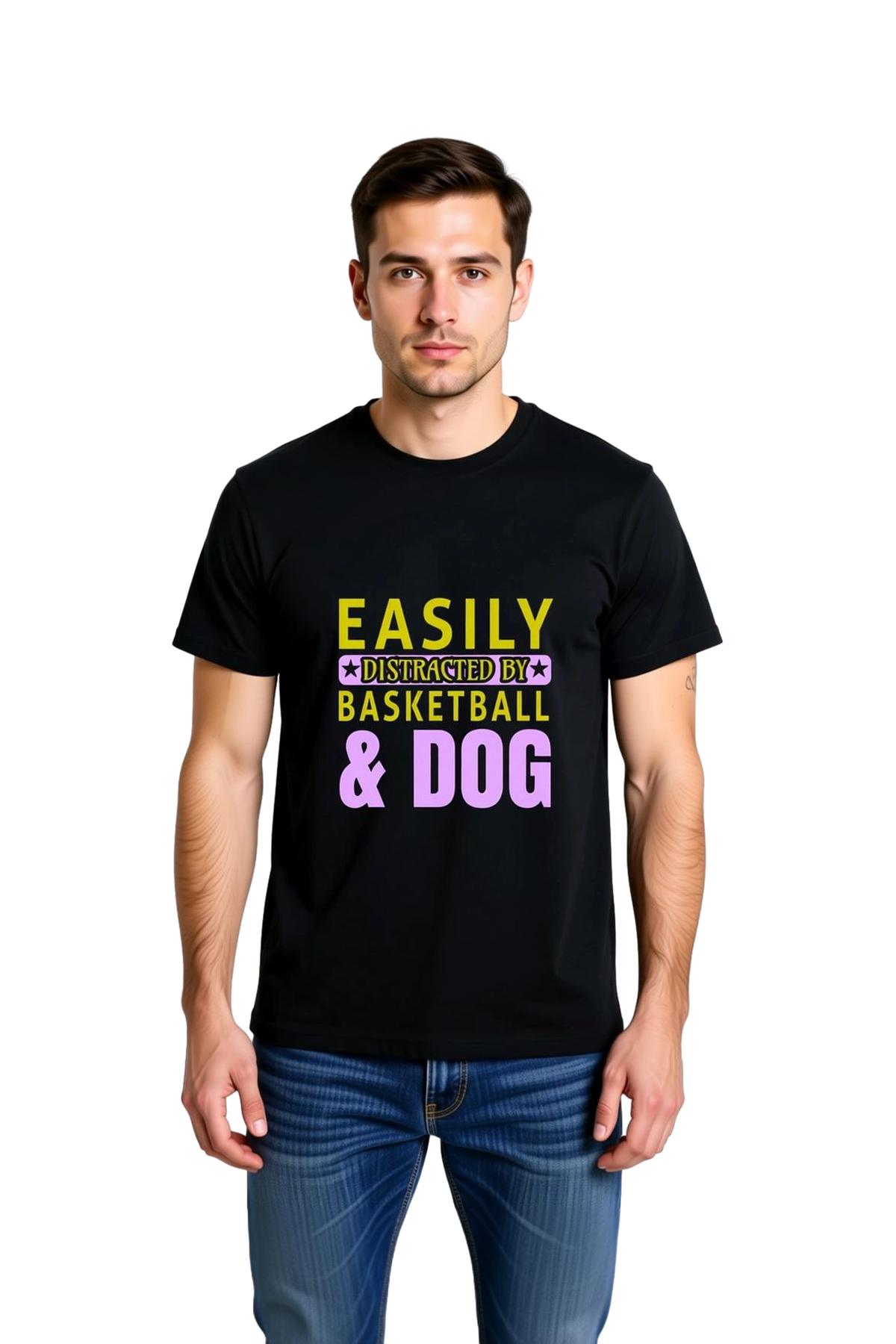 Erkek Basketbol Köpek Baskılı Günlük Tişört Crew Yaka Kısa Kol %100 Pamuk Rahat Kesim Modern Şık