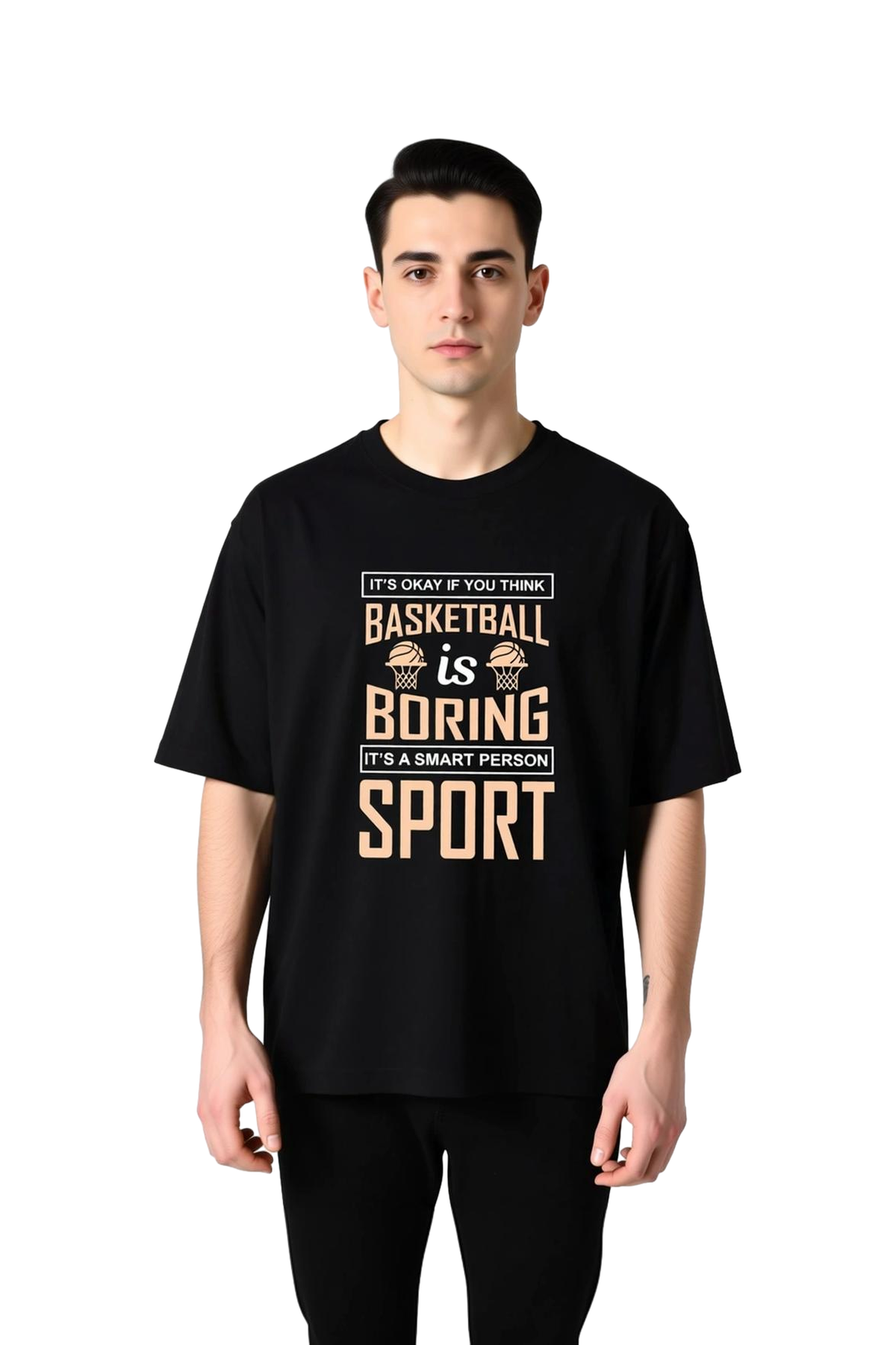 Erkek Oversize Basketbol Baskılı Tişört Mizahi Spor Tasarımı Rahat Kesim Günlük Giyim Modern Şık