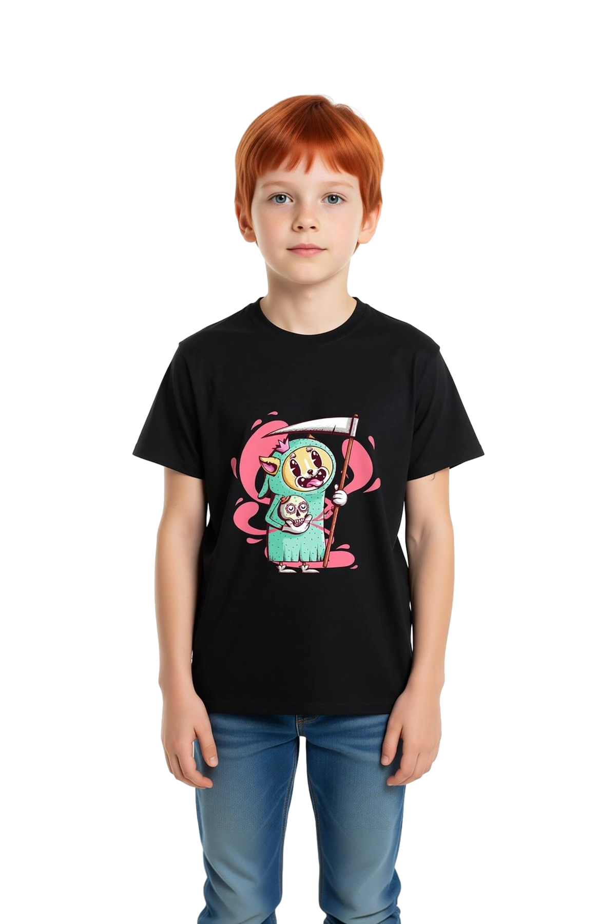 Çocuk Tişört Çizgi Roman Kurt İskelet Sanat Baskısı Kısa Kollu Yuvarlak Yaka Rahat Kesim Günlük