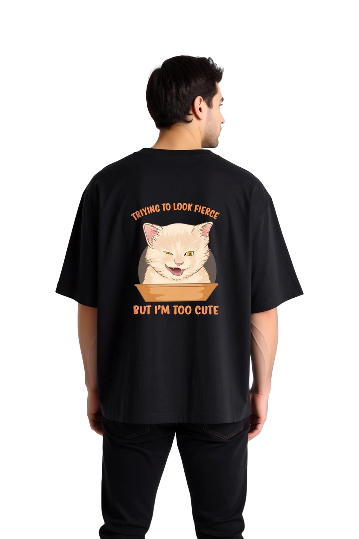 Erkek Oversize Baskılı Tişört Kedi Desen Komik Yazı Detaylı Rahat Kesim Günlük Giyim Modern Şık