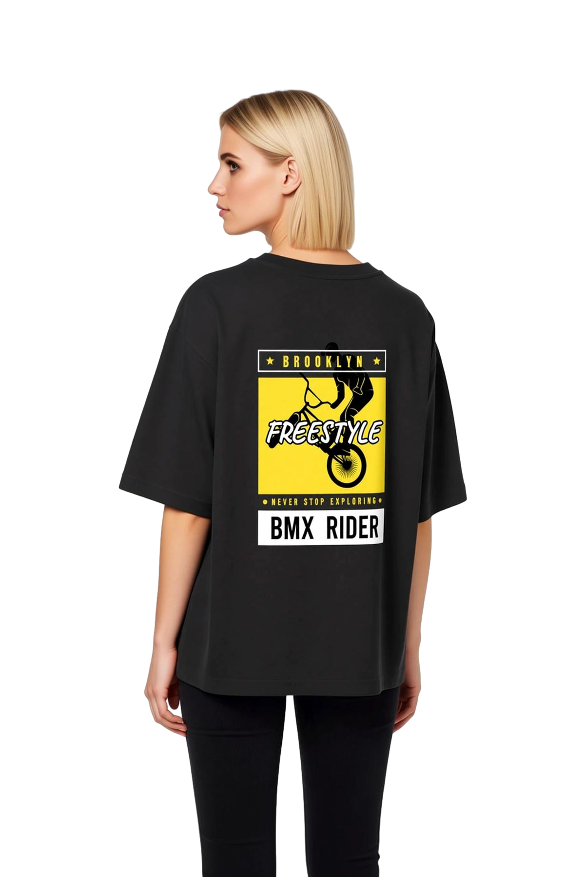 Kadın Oversize Tişört BMX Freestyle Brooklyn Baskılı Rahat Kesim Günlük Spor Stil Modern Şık Zarif
