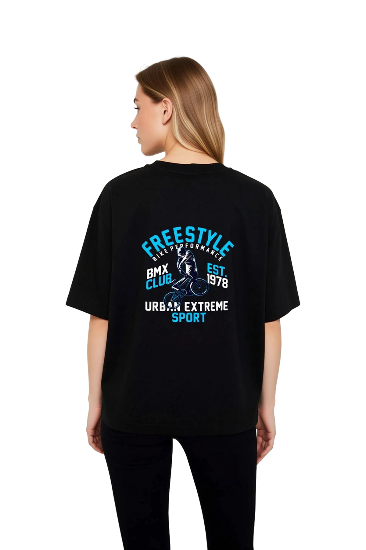 Kadın Oversize Tişört %100 Pamuk Freestyle BMX Klübü Est Baskılı Urban Extrem Spor Grafik Günlük