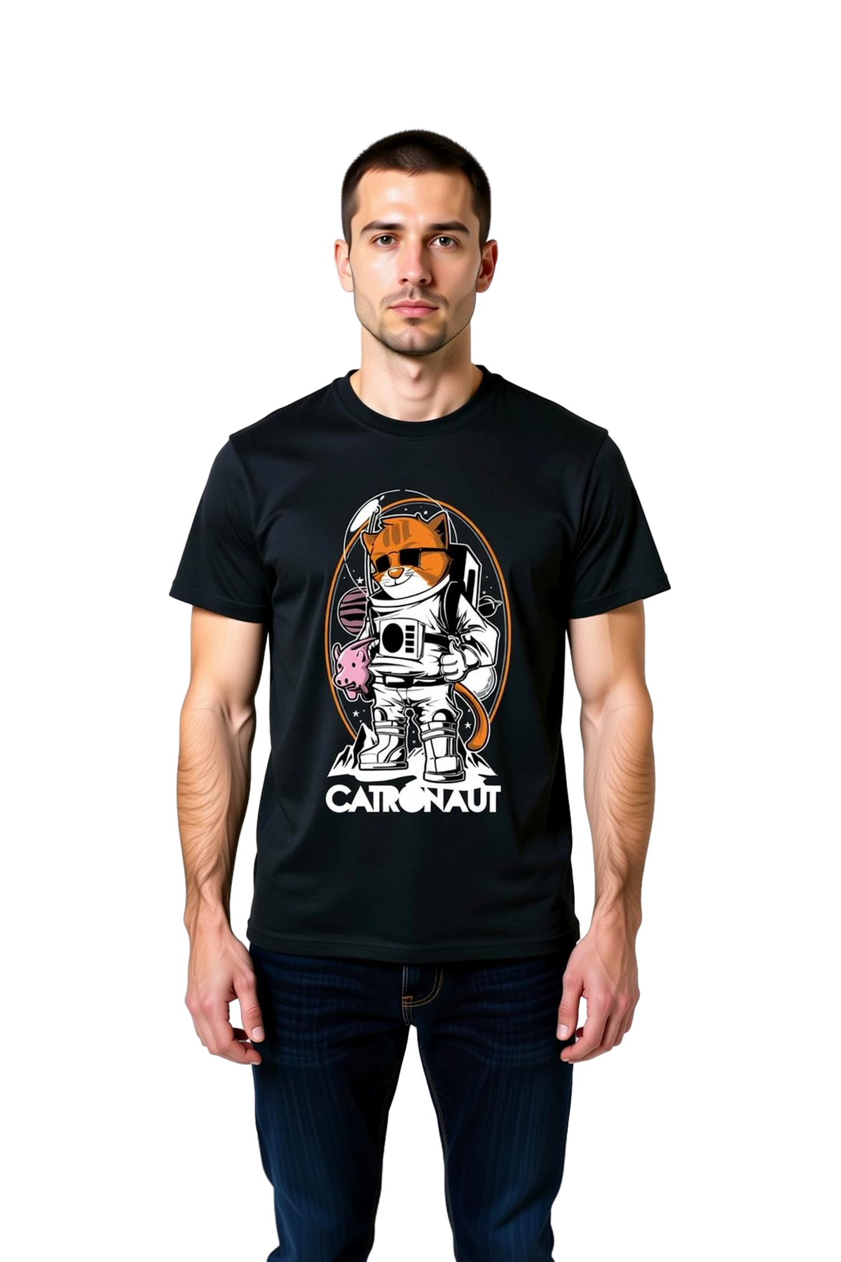 Uzay Kedisi Astronot İllüstrasyonu Baskılı Erkek Tişört