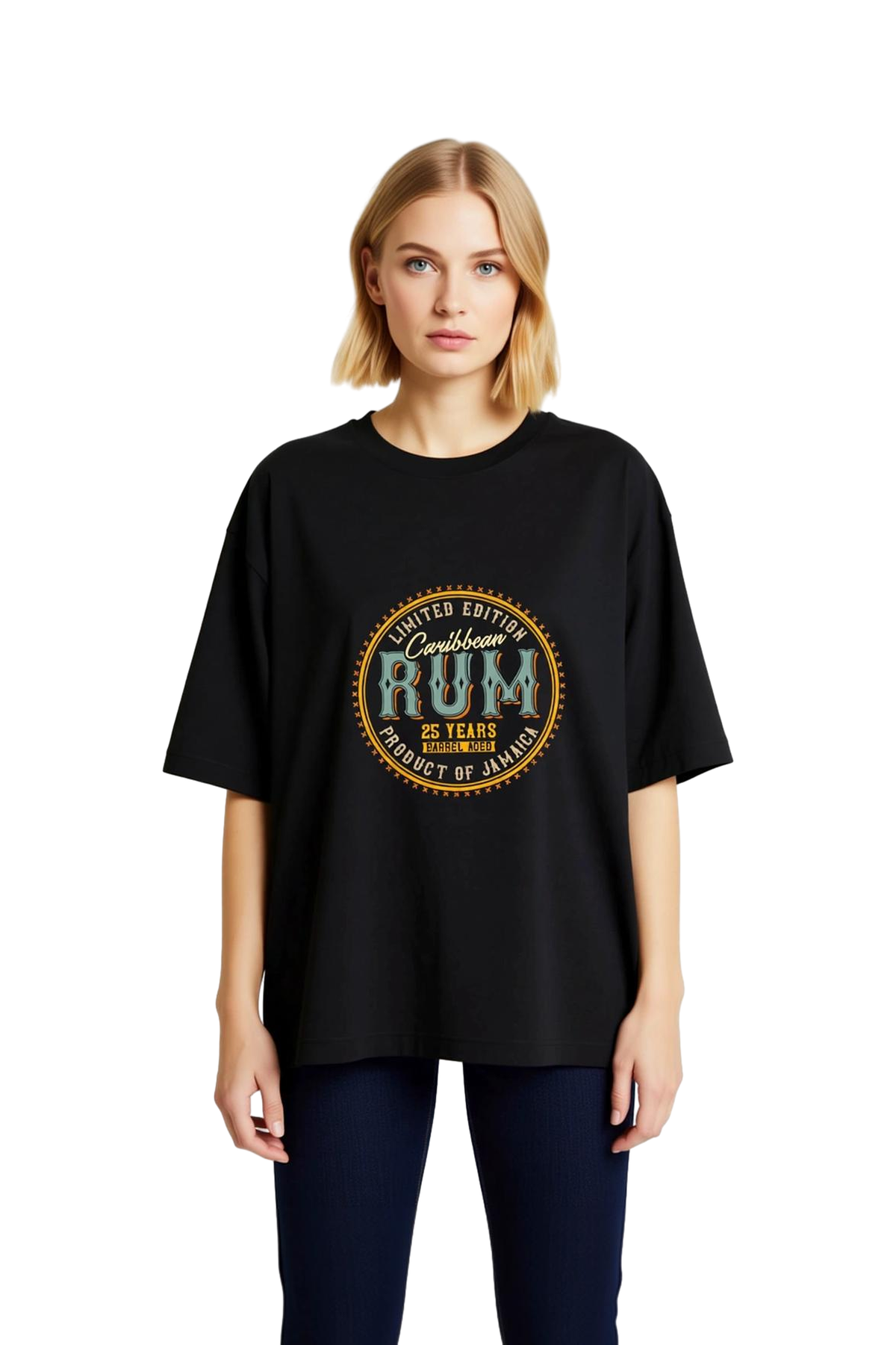 Kadın Oversize Baskılı Tişört Karayip Rumunun Sınırlı Baskısı Vintage Etiket Tasarımı Rahat Kesim