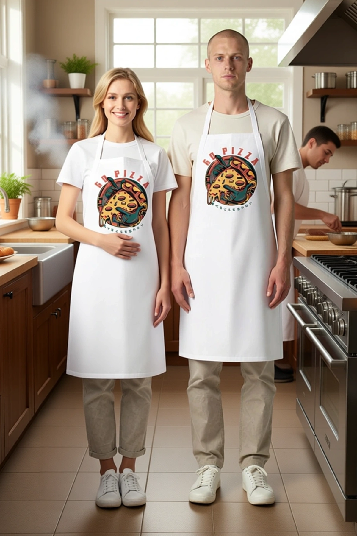 Unisex Mutfak Önlüğü Pizza Baskılı Dijital Desen Rahat Kesim Boyundan Askılı Günlük Aşçı Modern