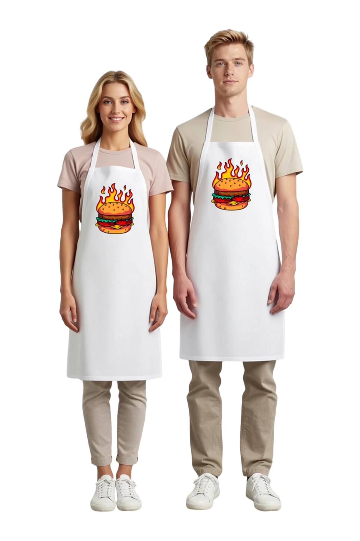 Erkek Unisex Mutfak Aşçı Önlüğü Alev Burger Baskılı DTF Dijital Rahat Kesim Günlük Modern Şık Zarif