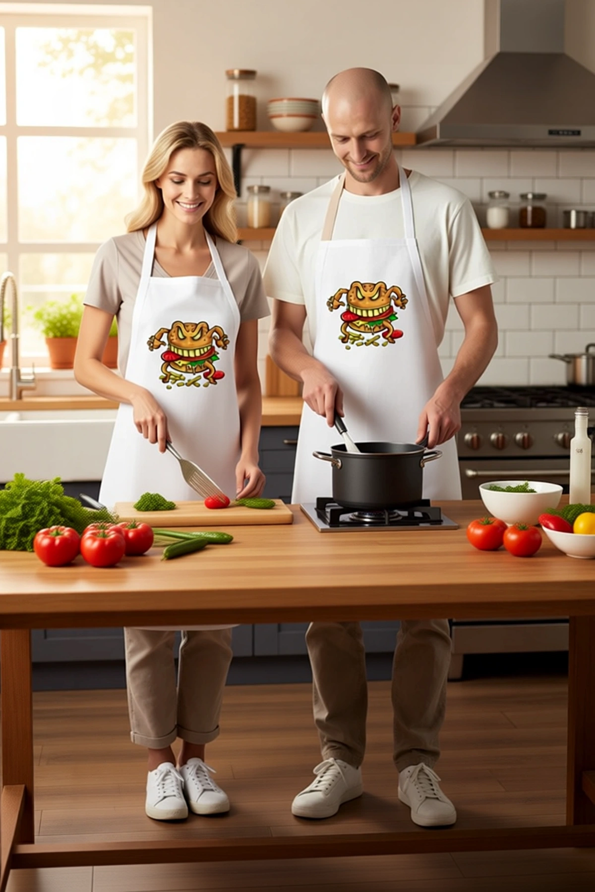 Unisex Mutfak Önlüğü Şeytani Burger Canavarı Baskılı DTF Dijital Teknik Rahat Kesim Günlük Modern