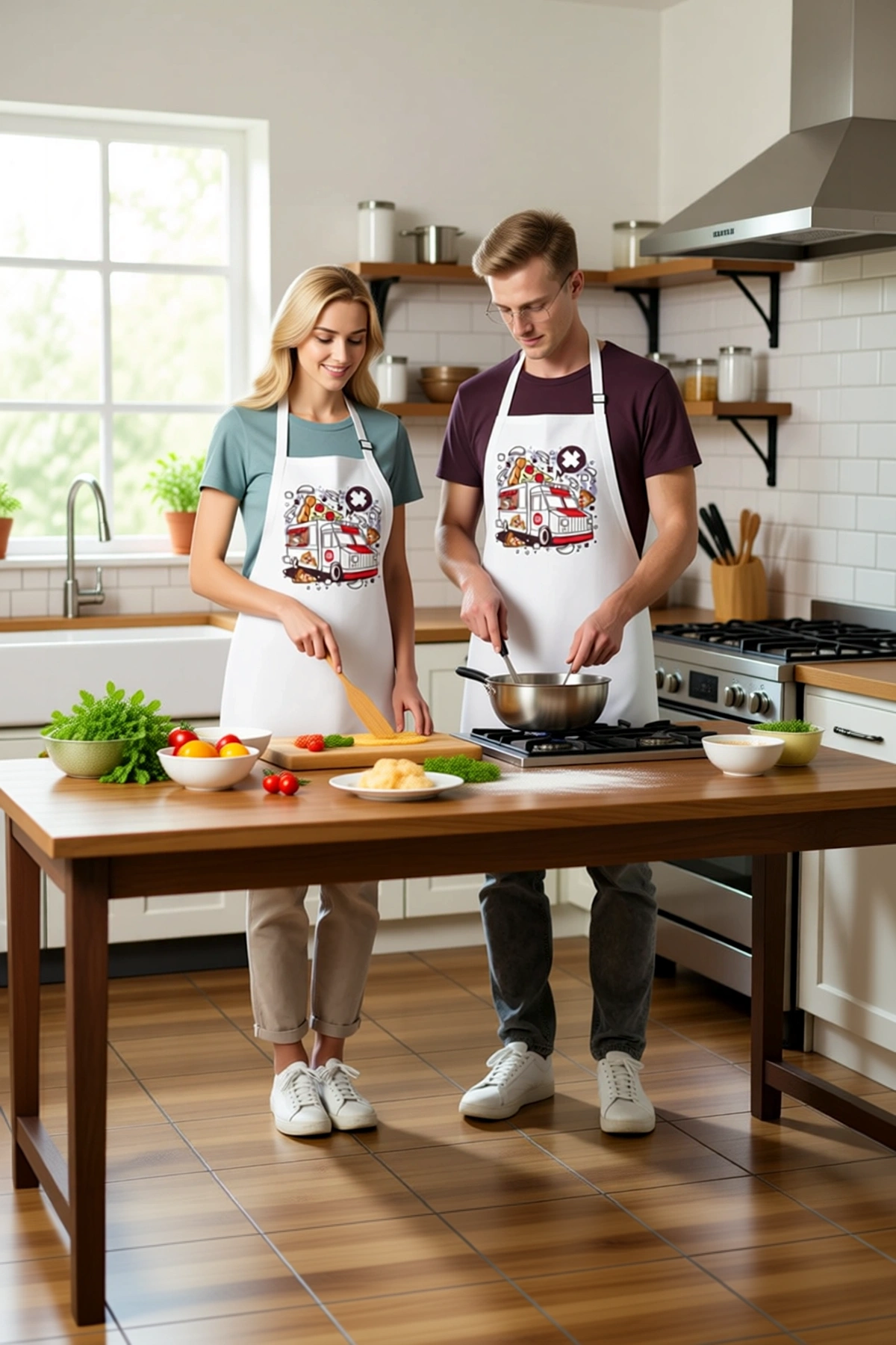 Unisex Mutfak Önlüğü Pizza Baskılı Itfaiye Temalı Grafik Desen Rahat Kesim Günlük Kullanım Modern