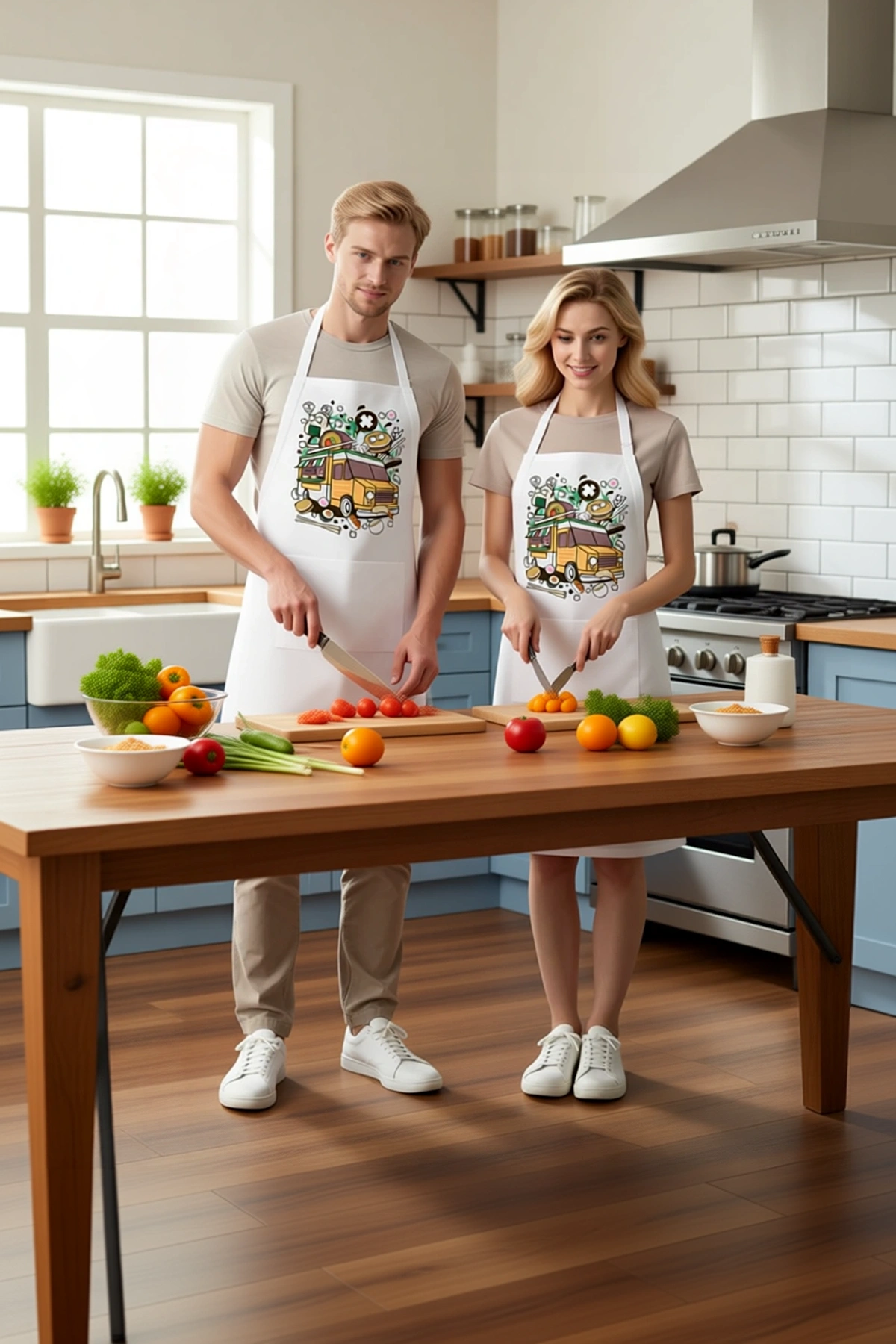 Unisex Mutfak Aşçı Önlüğü Yemek Aracı Sevimli Karakter Baskılı Rahat Kesim Pamuklu Günlük Modern