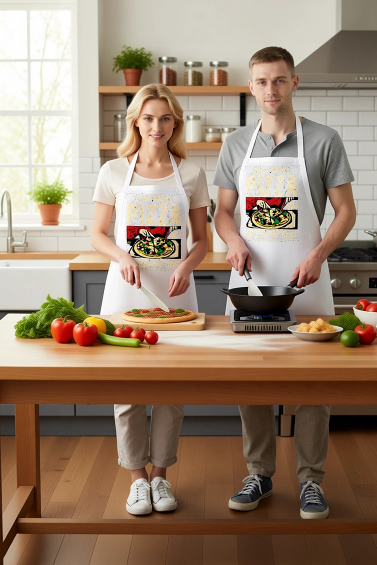 Unisex Mutfak Önlüğü Pizza Baskılı Retro Tasarım Dijital Baskı Rahat Kesim Günlük Modern Şık Zarif
