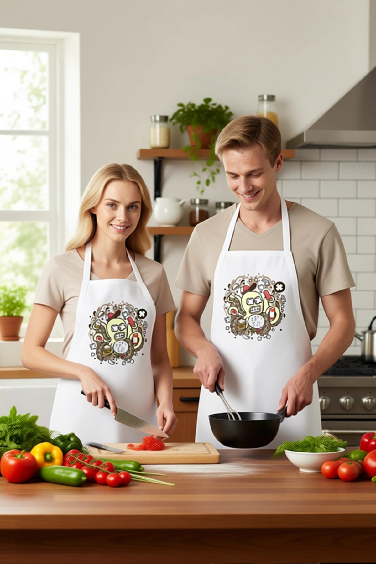 Erkek Unisex Mutfak Aşçı Önlüğü Karikatür Ahtapot Baskılı Rahat Kesim Günlük Modern Şık Konforlu