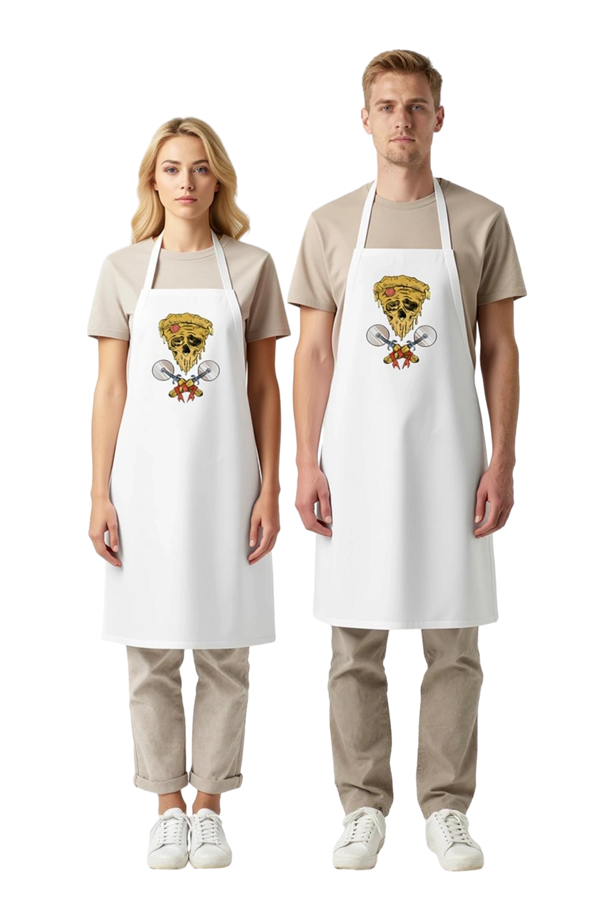 Erkek Unisex Aşçı Önlüğü Eritilmiş Pizza İskelet Baskılı Rahat Kesim Mutfak Giyimi Günlük Modern