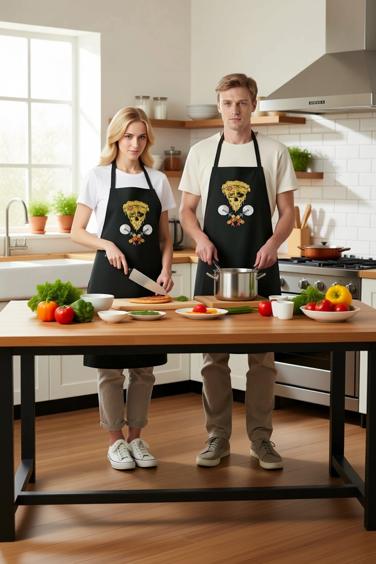Erkek Unisex Aşçı Önlüğü Eritilmiş Pizza İskelet Baskılı Rahat Kesim Mutfak Giyimi Günlük Modern