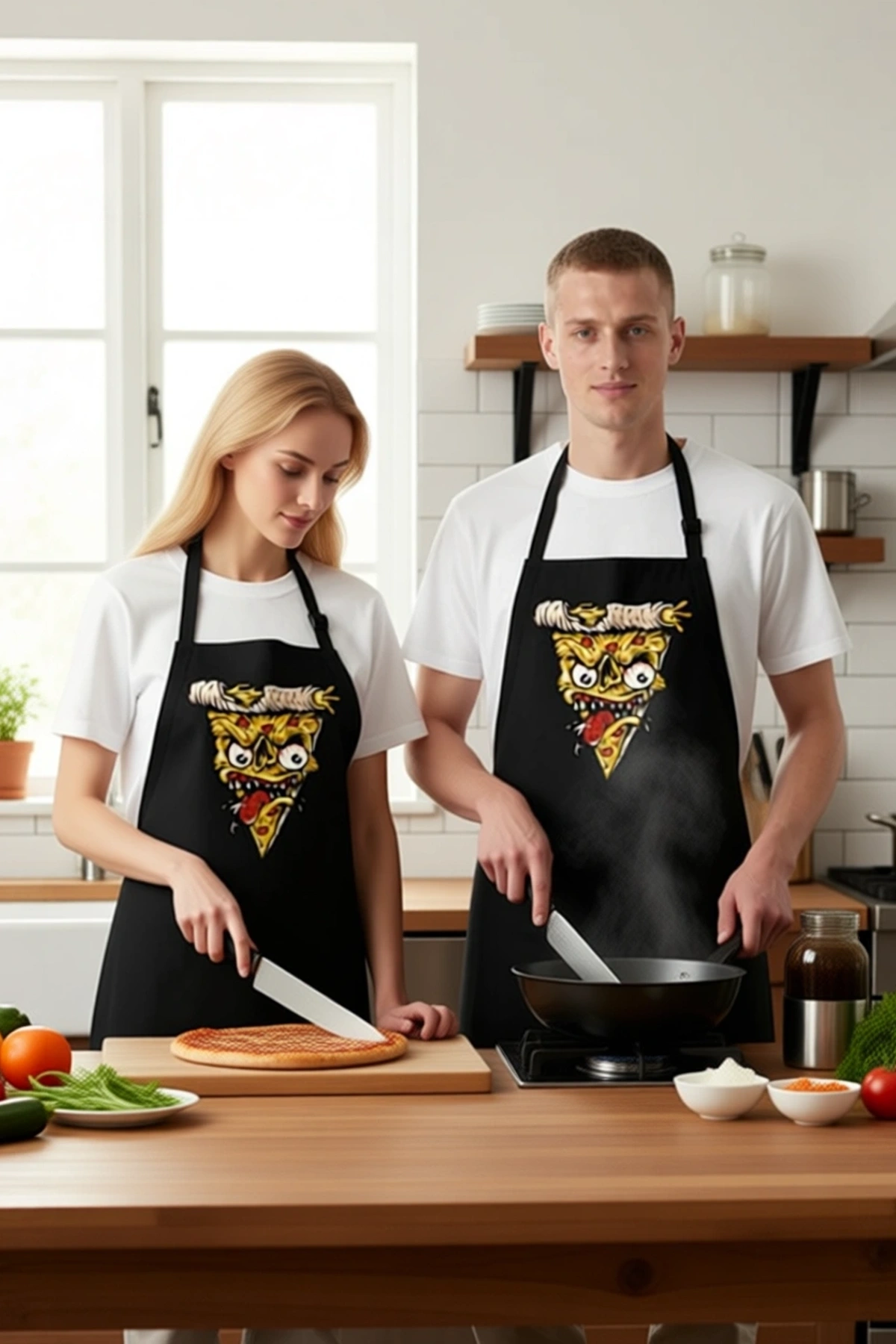 Erkek Unisex Mutfak Aşçı Önlüğü Korkunç Pizza Dilimi Yüz Baskılı Rahat Kesim Günlük Modern Şık Zarif