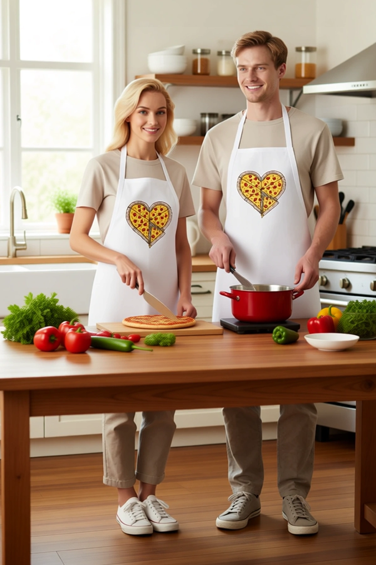 Erkek Unisex Mutfak Aşçı Önlüğü Pizza Kalp Baskılı Rahat Kesim Günlük Kullanım Modern Şık Konforlu