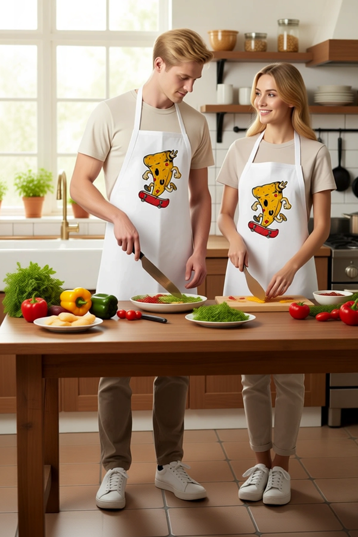 Unisex Mutfak Aşçı Önlüğü Kaykay Pizza Baskılı Çocuk Dostu Eğlenceli Tasarım Canlı Renkli Günlük
