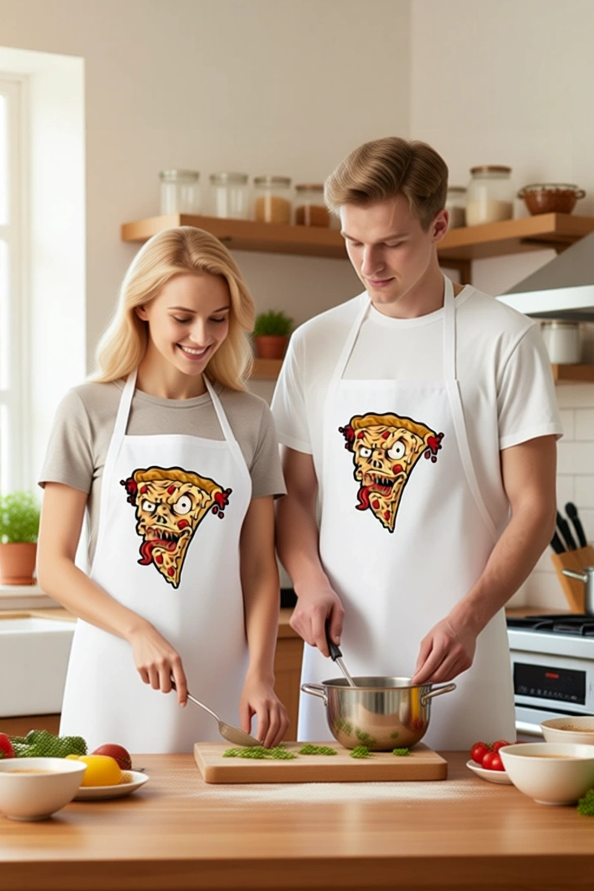 Unisex Mutfak Önlüğü Şeytani Pizza Dilimi Baskılı Karanlık Mizah Tarzı Rahat Kesim Günlük Modern