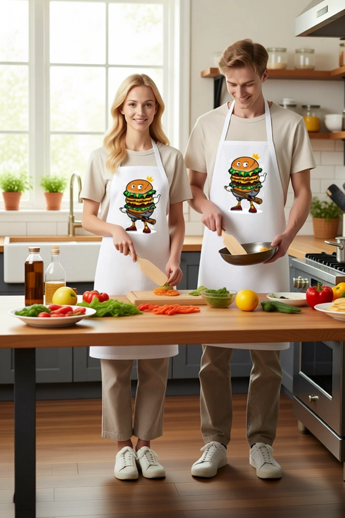 Erkek Unisex Mutfak Aşçı Önlüğü Karikatür Burger Baskılı DTF Dijital Rahat Kesim Günlük Modern Şık